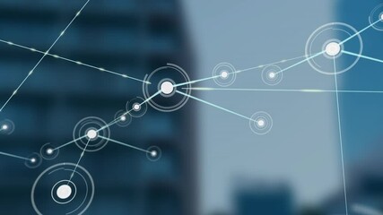 Network connections and data points animation over blurred cityscape background - Powered by Adobe