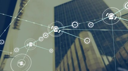 Network connections and data processing animation over modern office building - Powered by Adobe