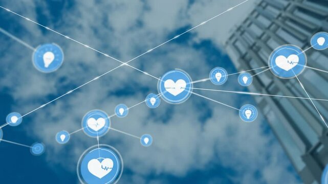 Animated health-related icons and connections over cloudy sky and building