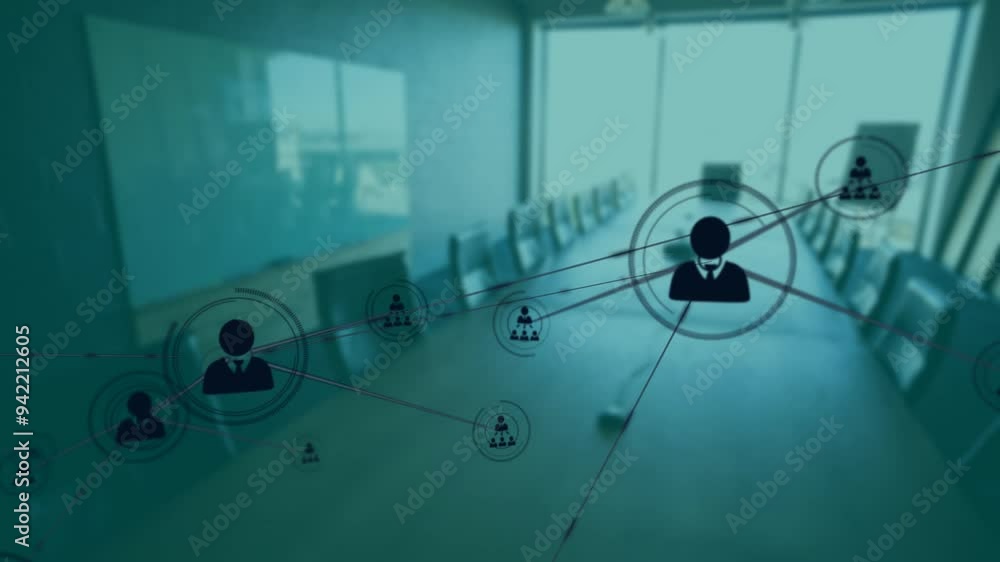 Poster network of connections and data processing animation over empty conference room