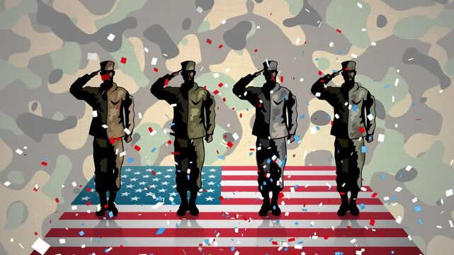 Saluting soldiers animation with American flag and camouflage background