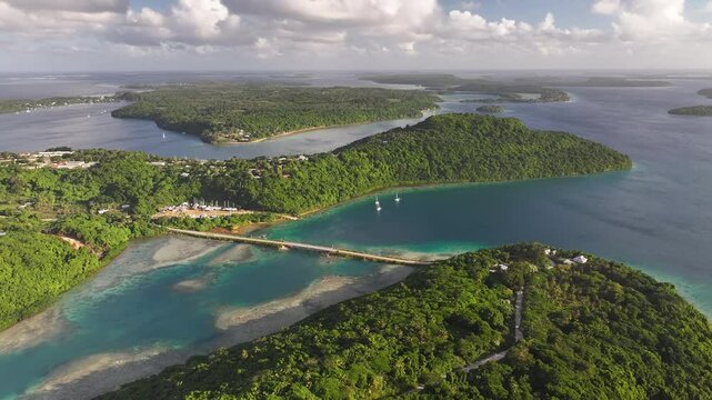 Mt Talau National Park and lush green tropical island, Vava'u archipelago in Tonga. Drone high rise