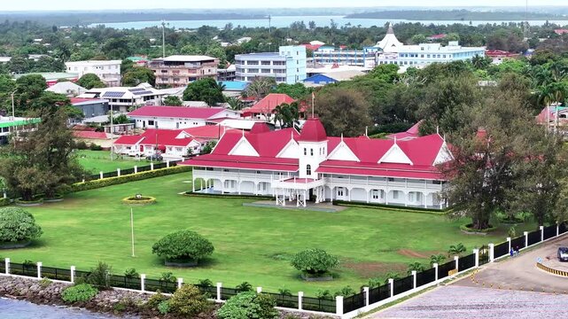 Royal Palace, Kingdom of Tonga. Kings residence building and Nuku'alofa city landmarks. Aerial drone