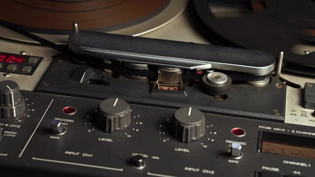 Starting Audio Recording or Playback on Vintage Professional Reel to Reel Recorder, Close Up