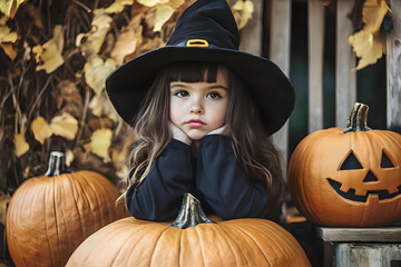 Cute Girl Wearing Witch Hat Halloween with Pumpkins