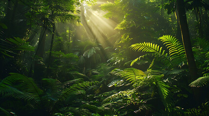 A Dense Ancient Forest with Towering Trees and Lush Greenery, Featuring Thick Canopy and Sunlight Filtering Through the Foliage in a Timeless, Enchanting Woodland Scene