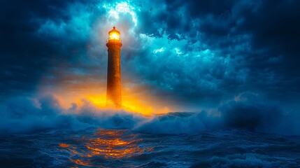 A lighthouse in the middle of a stormy ocean at sunset