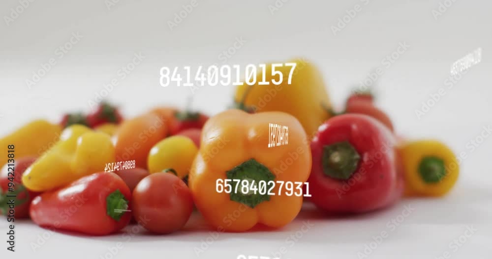 Aufkleber numbers and data animation over colorful bell peppers and tomatoes