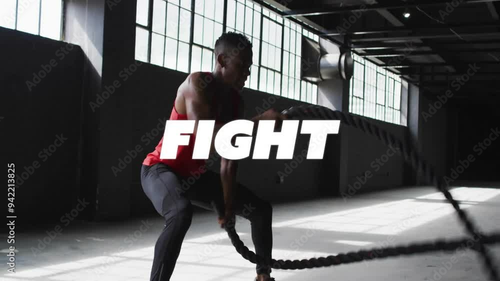 Poster using battle ropes, man exercising in gym with fight text animation over
