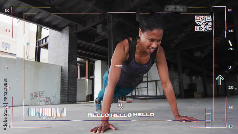 Poster exercising woman doing push-ups, fitness animation with text hello hello hello over