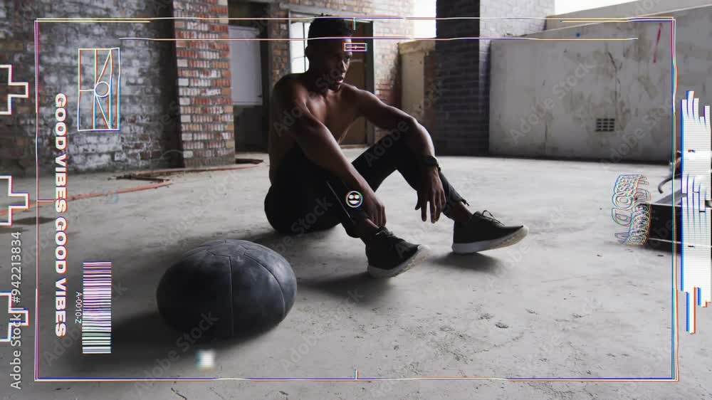 Poster resting on floor with exercise ball, man with good vibes text animation