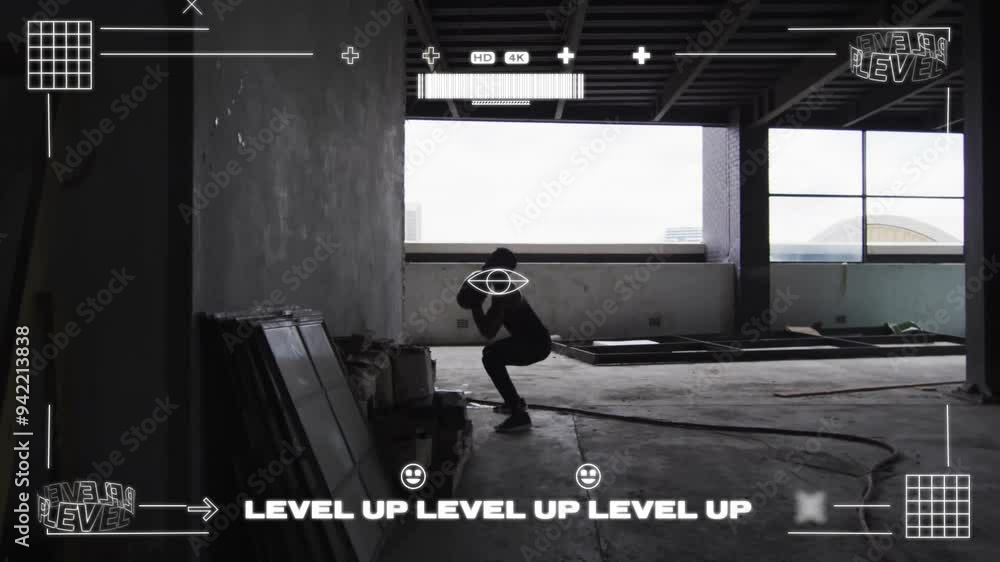 Poster person squatting in unfinished building with level up level up level up animation