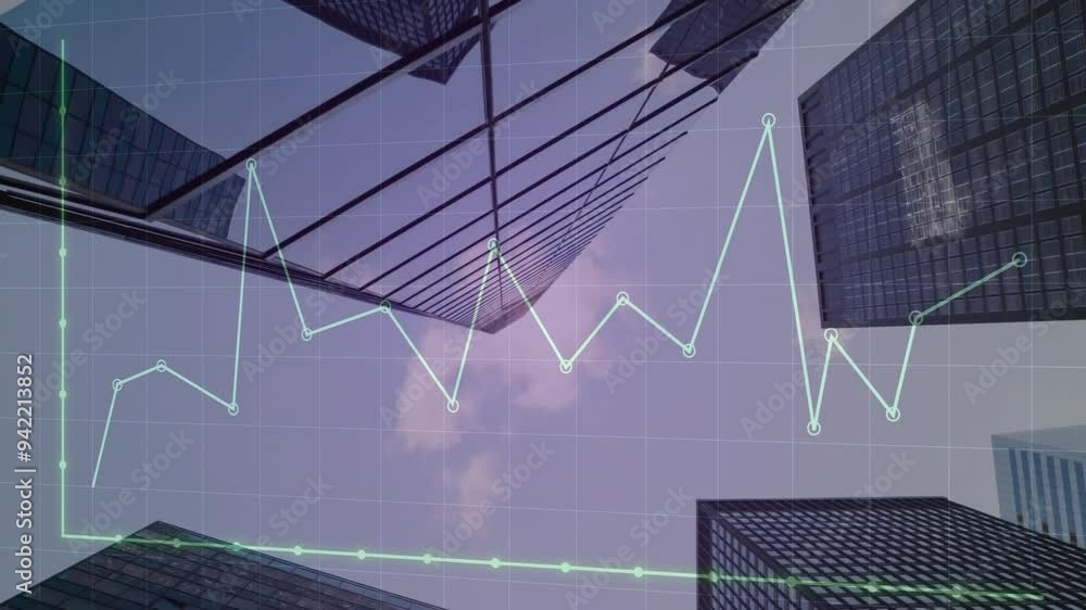 Poster animating line graph over skyscrapers and sky background