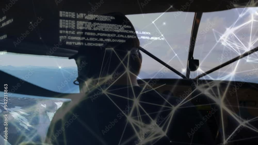Poster pilot in cockpit with network connections and data processing animation over scene
