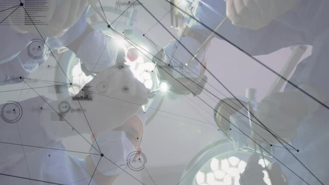 Performing operation, surgeons with medical data processing animation over surgical scene - Powered by Adobe