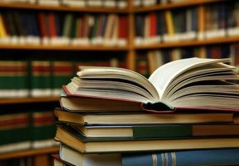 Fototapeta premium stack of books with an open book on top, set against the backdrop of a library or study room