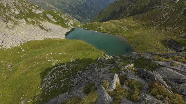 Drone fpv shot of the Fagaras Mountains in the summer, Romania