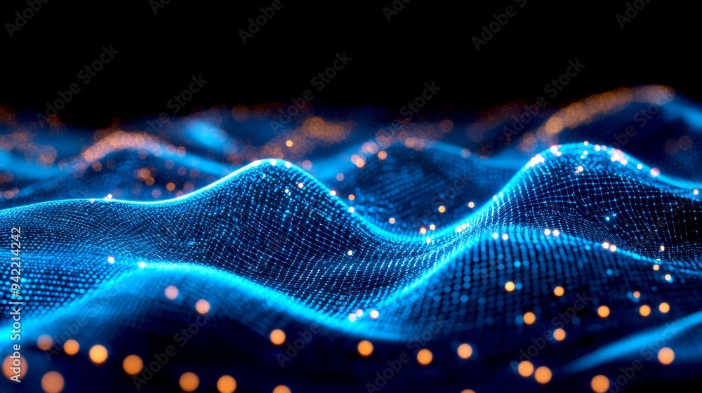 Poster a captivating representation of digital waves. this image showcases flowing lines and glowing partic