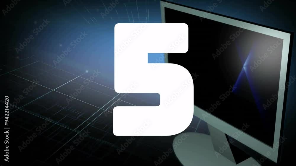 Poster number 5 animation over computer monitor and digital grid background