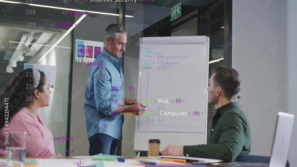 Poster presenting marketing strategy, man at whiteboard with coding animation in office