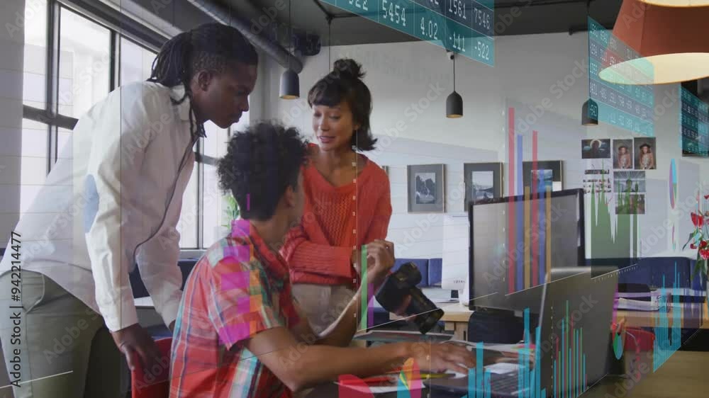 Poster analyzing data animation over diverse colleagues collaborating in modern office