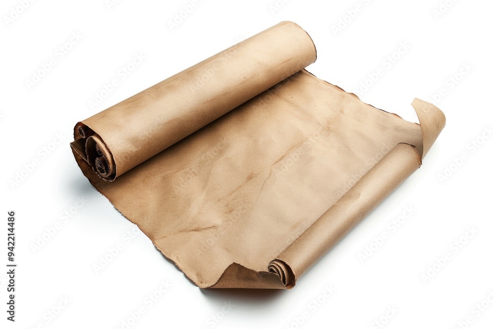Aufkleber A rolled up piece of brown paper lying on a clean white surface, perfect for adding text or notes to an image