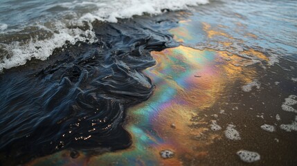 Oil spill spreading across the ocean surface creating a vibrant and iridescent sheen showcasing environmental pollution impacts