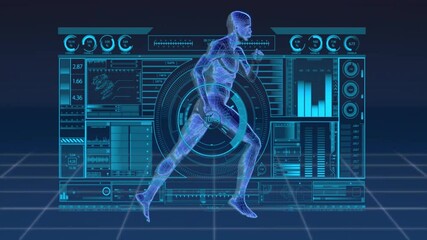 Running human figure animation over futuristic digital interface with data charts - Powered by Adobe