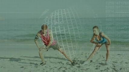 Stretching exercises on beach with digital globe and data animation - Powered by Adobe