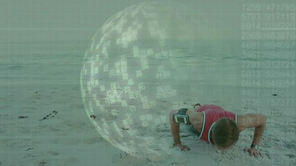 Digital data sphere animation over man doing push-ups on sandy beach - Powered by Adobe