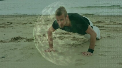 Man doing push-ups on beach with digital data processing animation over scene - Powered by Adobe