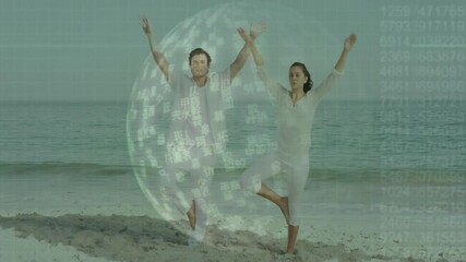 Practicing yoga on beach, people inside digital globe with data animation - Powered by Adobe