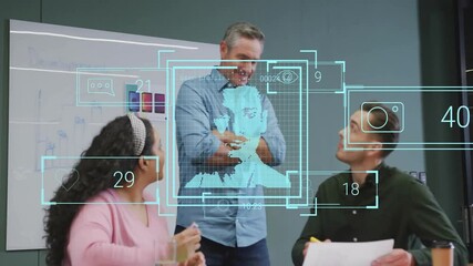 Data analysis and facial recognition animation over diverse team in office meeting - Powered by Adobe