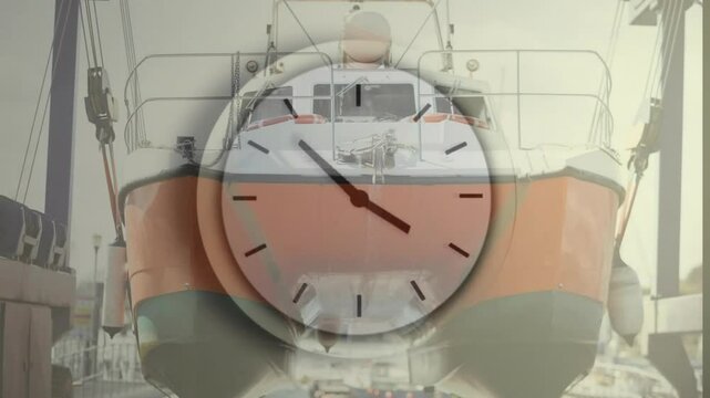 Docked boat with clock animation overlay, showing passage of time
