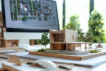 A detailed architectural model sits on a desk surrounded by design materials, with a digital rendering visible on the computer screen.