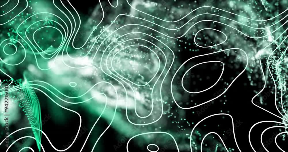 Poster abstract green and white lines with particles, digital data animation