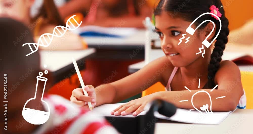 Poster drawing in classroom, children surrounded by science-themed animation on screen