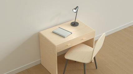 bedroom with a pure wood desk with a black lamp illuminating a white notebook