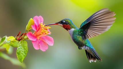 Fototapeta premium Vibrant Hummingbird Delicately Feeding on a Pink Flower in a Lush Garden Setting, Capturing the Beauty and Grace of Nature in Motion