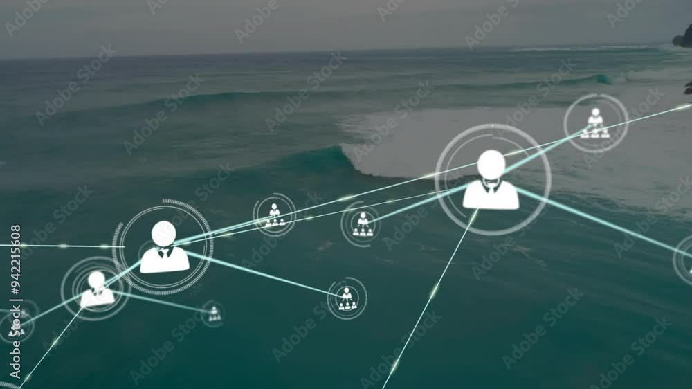 Aufkleber animating digital network and data points over ocean waves