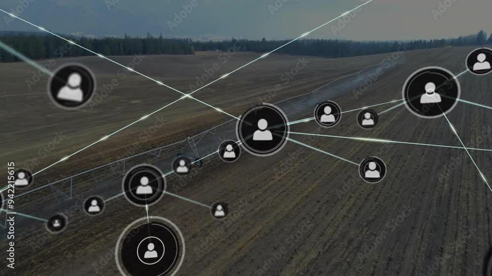 Poster network of connected user icons animation over rural landscape with fields