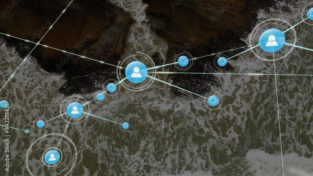 Poster network of connections and data processing animation over ocean waves and rocks