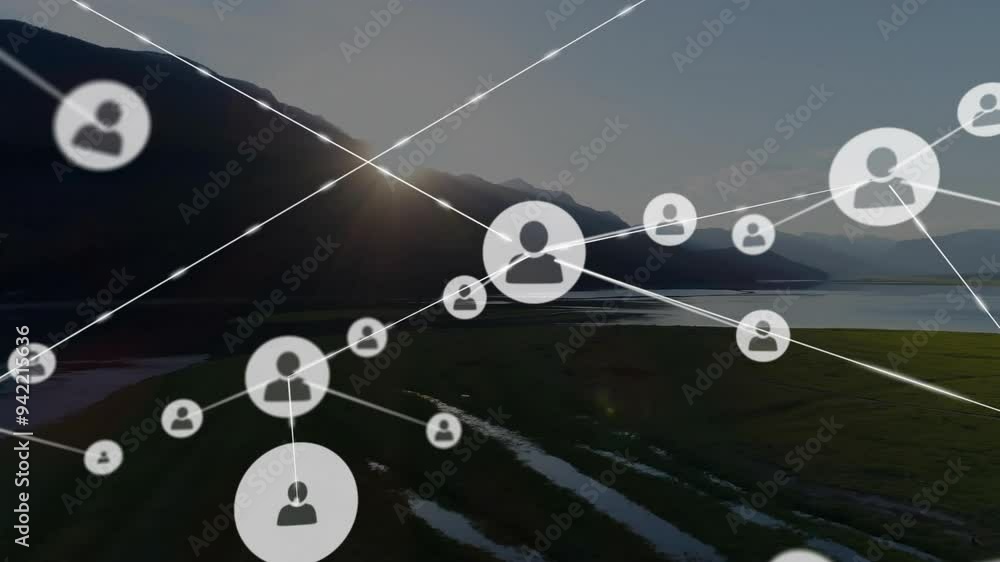 Poster data processing and network connections animation over landscape