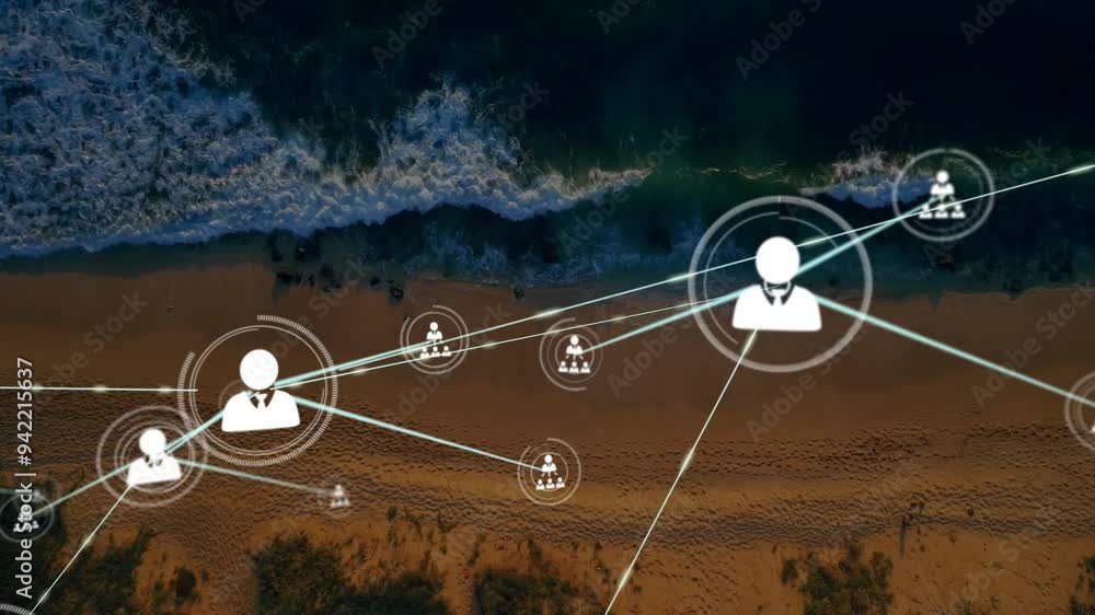 Poster network of connections and data processing animation over beach landscape