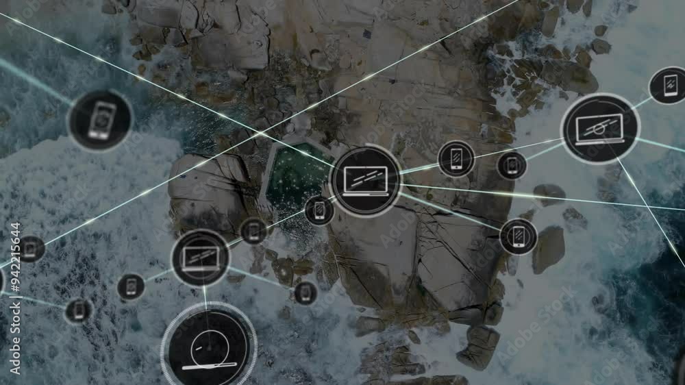 Poster network of connections and data processing animation over rocky landscape