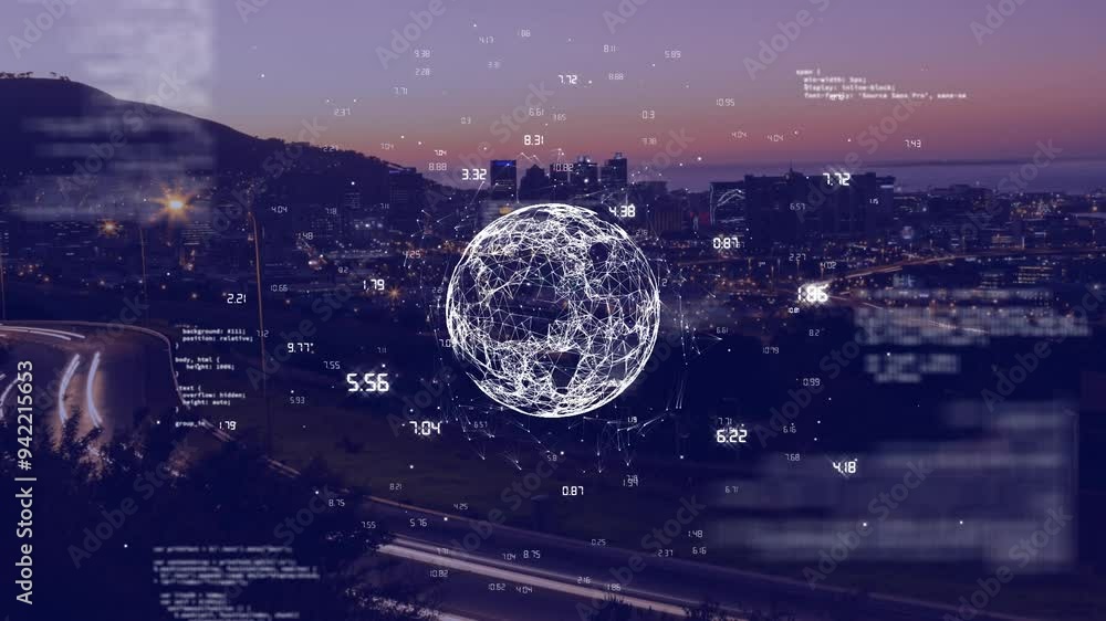 Poster glowing globe with data points and coding animation over cityscape at dusk