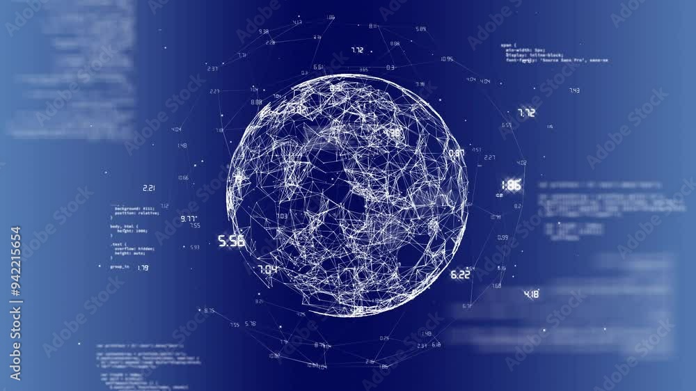 Poster rotating globe with interconnected nodes and data processing on blue background