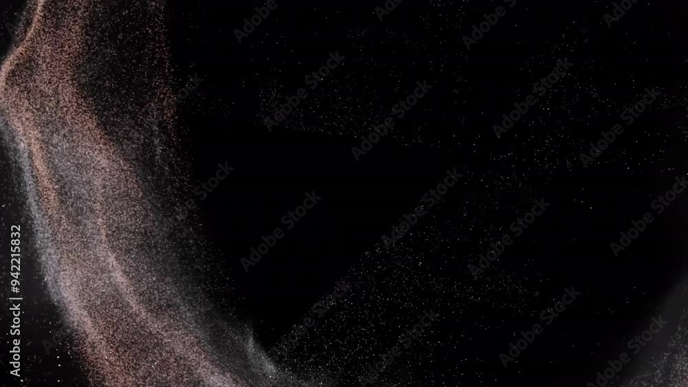 Poster particles forming abstract shapes, dynamic movement animation on black background