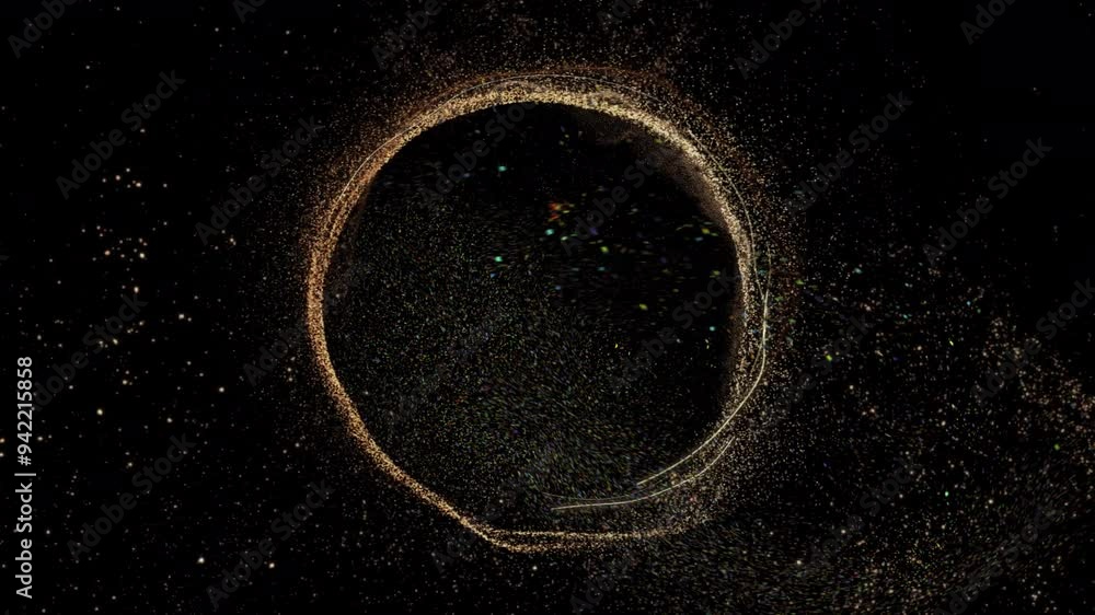 Poster forming circular shape, particle wave animation over black background