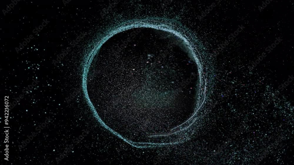 Poster circular particle formation and data visualization animation over black background
